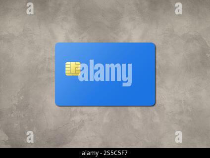 Modello di carta di credito blu su sfondo in cemento. Illustrazione 3D. Carta di credito blu su sfondo di cemento Foto Stock