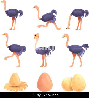 Set di icone dello struzzo. Set di cartoni animati di icone vettoriali di struzzo per la progettazione Web. Set di icone di struzzo, stile cartoni animati Illustrazione Vettoriale