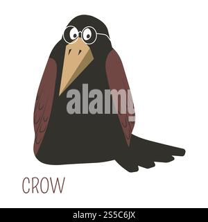 Corvo in occhiali personaggio dei cartoni animati infantile. Uccello selvatico nero come simbolo di saggezza. Specie animali con grandi ali e becco di fiabe e storie per bambini, illustrazione vettoriale isolata. Corvo in occhiali personaggio dei cartoni animati infantile Illustrazione Vettoriale