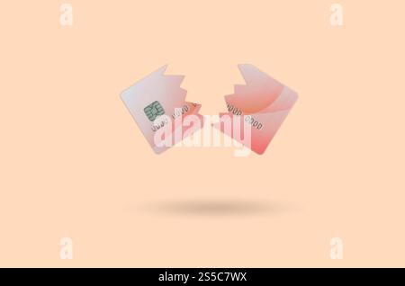 Taglia e spezza la carta di credito rossa che galleggia nello spazio arancione pastello. Il concetto di divieto di utilizzo dei servizi bancari. La carta di credito sta per scadere. Taglio Foto Stock