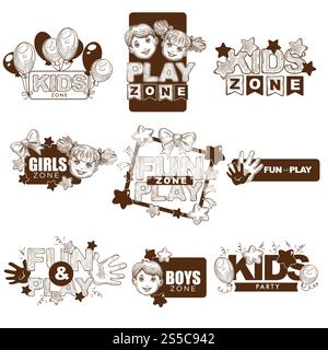 Modelli di logo per schizzi vettoriali della zona per bambini per parco giochi, feste o asilo. Icone vettoriali di volti, mani e palloncini con stelle e archi per festeggiare. Icone di schizzo vettoriali del parco giochi per bambini Illustrazione Vettoriale
