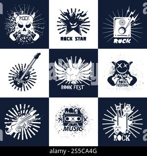Modelli di logo vettoriali per band rock o festival musicale con teschio e chitarra, star malvagia e altoparlante sonoro con gesti rock pust. Icone vettoriali Rock band o Music Concert Fest Illustrazione Vettoriale