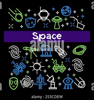 Elementi a tema spaziale in un set di colori al neon luminosi. Spaceman in casco, meteore veloce, grande astronave, telescopio moderno, pianeti stranieri e strane illustrazioni vettoriali piatte di cartoni animati isolati ufo. Elementi a tema spaziale in un set di colori al neon luminosi Illustrazione Vettoriale
