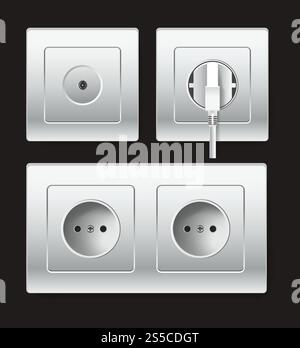 Tipi di prese o prese elettriche per spine. Presa e ingresso cavo con ingresso di collegamento per telefono, tv o Internet via cavo 3D isolato realistico. Tipi di prese o prese elettriche icona vettoriale Illustrazione Vettoriale