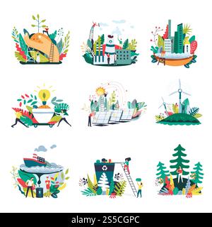 Ecologia e salvare le icone dell'ambiente naturale del pianeta. Simboli ecologici vettoriali con piccole persone nella protezione della natura, nella piantagione di alberi e nel riciclaggio di bulbi o rifiuti con risorse energetiche naturali. Ecologia e salvataggio delle icone vettoriali dell'ambiente naturale Illustrazione Vettoriale