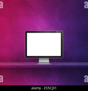 Computer pc - sfondo viola per scaffale a parete. Illustrazione 3D. pc su sfondo viola Foto Stock