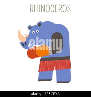 Rinoceronte in guanti da boxe e pantaloncini cartoni animati personaggio infantile per libri e fiabe. Animale selvatico dall'Africa in costume da pugile. Mammifero con corno e muscoli forti, illustrazione vettoriale isolata. Rinoceronte in guanti da boxe e pantaloncini Illustrazione Vettoriale