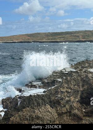 Onde che si infrangono sulla scogliera Arikok National Park Aruba Foto Stock