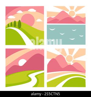 Modelli di logo naturalistici per aziende o marchi di ecologia verde o viaggi aziendali. Etichette vettoriali isolate di alberi boschivi, fiumi nella valle e sole sulle montagne. Icone piatte del paesaggio naturale modelli vettoriali per il nome dell'azienda Illustrazione Vettoriale