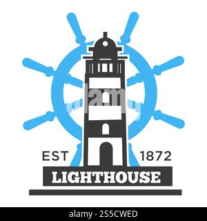 Poster dell'edificio in altezza del faro con il titolo. Torre o altra struttura contenente faro rotante per avvisare o guidare le navi in mare. Struttura con ruota della nave in figura vettoriale di colore blu. Poster dell'edificio in altezza del faro con illustrazione vettoriale del titolo Illustrazione Vettoriale