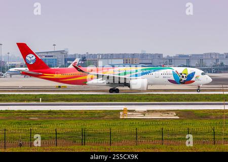 Sichuan Airlines Airbus A350-900 Flugzeug Flughafen Shuangliu a Chengdu, Cina Chengdu FISU World University Games Sonderbemalung Chengdu, Cina - 8. Aprile 2024: Ein Airbus A350-900 Flugzeug der Sichuan Airlines mit dem Kennzeichen B-304V auf dem Flughafen Shuangliu CTU a Chengdu, Cina. *** Sichuan Airlines Airbus A350 900 aeromobili Shuangliu Aeroporto di Chengdu, Cina Chengdu FISU World University Games livrea speciale Chengdu, Cina 8 aprile 2024 Un Airbus A350 900 di Sichuan Airlines con registrazione B 304V presso l'Aeroporto CTU di Shuangliu a Chengdu, Cina Foto Stock