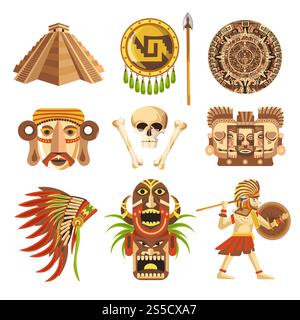 Attributi tradizionali Maya e antiche reliquie inestimabili. Vecchie piramidi, lancia affilata, scudo solido, copricapo autentico, cranio umano, totem in legno e reperti archeologici illustrazioni vettoriali. Attributi tradizionali Maya e antiche reliquie inestimabili Illustrazione Vettoriale