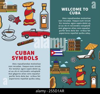 Manifesti di viaggio a Cuba di simboli famosi del paese o luoghi di interesse turistico. Bandiera cubana vettoriale, sigari o rum dell'Avana e architettura del Campidoglio, caffè o avocado e limousine retrò. Manifesti di viaggio a Cuba di simboli famosi del paese o luoghi di interesse turistico. Illustrazione Vettoriale