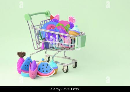 Il carrello è riempito fino in cima con frutta fresca su sfondo turchese. Il concetto di acquistare cibo e frutta online. Cibo dietetico. Comprare la dieta Foto Stock