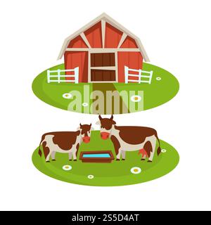 Fattoria o agricoltura agricola e allevamento di bestiame icone di cartoni animati piatti. Progettazione vettoriale di una casa agricola o di un fienile e di mucche su pascolo su corral. Fattoria stalla o agricoltura agricola e allevamento di bestiame icone di cartoni animati piatti Illustrazione Vettoriale