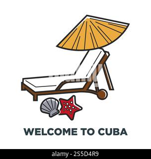 Destinazione di viaggio a Cuba e simboli famosi della cultura. Icone vettoriali delle vacanze all'Avana cubana e delle vacanze, sdraio, ombrellone e stelle marine. Cuba viaggi famose vacanze vettoriali Illustrazione Vettoriale