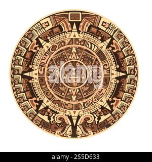 Calendario Maya di segni e simboli geroglifici Maya o Aztechi. Design del calendario Maya a cerchio rotondo isolato vettoriale. Calendario Maya dei segni e simboli geroglifici vettoriali Maya o Aztechi Illustrazione Vettoriale