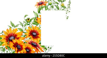 Fiori gialli con foglie aggraziate e centro scuro in un bouquet su una cartolina. Illustrazione digitale acquerello. Girasoli e rudbeckia isolati su Foto Stock