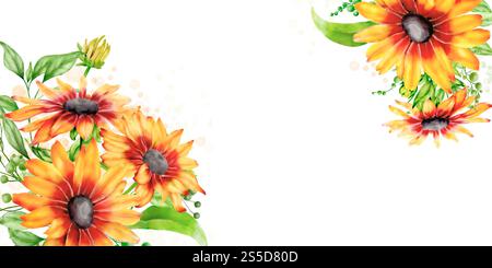 Fiori gialli con foglie aggraziate e centro scuro in un bouquet su una cartolina. Illustrazione digitale acquerello. Girasoli e rudbeckia isolati su Foto Stock