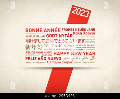 Happy 2023 New Year vintage Greentings card da tutto il mondo in diverse lingue. Buon anno saluti dal mondo Foto Stock
