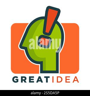 Logotipo minimalista di grande idea con profilo umano e punto esclamativo. Emblema promozionale brillante. Decisione ingegnosa per un nuovo progetto di illustrazione vettoriale di cartoni animati isolata su sfondo bianco. Grande idea logotipo minimalista con profilo umano Illustrazione Vettoriale