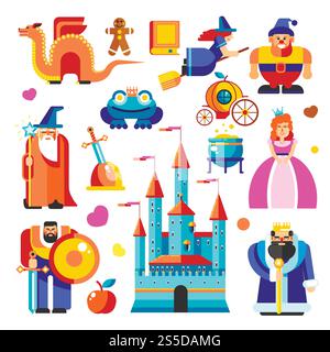 Personaggi fiabeschi e creature di kingdom Set. Principi in abito, vecchio mago, grande castello, re in corona, strega su scopa, cavaliere forte, nani divertenti e spaventose illustrazioni vettoriali di draghi... Personaggi fiabeschi e creature del misterioso regno Illustrazione Vettoriale
