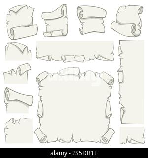 Rotoli di carta di vecchi fogli di papiro pergamena con bordi curvi vettoriali manoscritti di rarità isolati icone vuote isolate di cancelleria antica. Rotoli di carta di vecchi fogli vettoriali di papiro Illustrazione Vettoriale