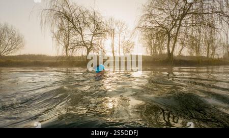 Solitaria donna selvaggia nuotata al primo semaforo in un freddo giorno invernale nebbioso. REGNO UNITO Foto Stock