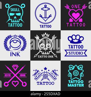 Modelli di logo vettoriale per tatuaggi o studio con teschio, ancora o cuore con frecce e zampa animale con ornamento a stella diamantata. Icone vettoriali per tatuaggi o studio Illustrazione Vettoriale