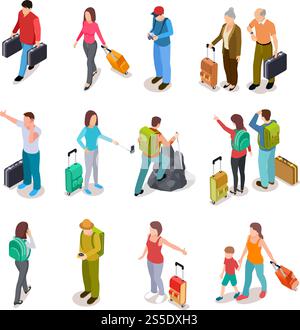 Set isometrico per viaggiatori. Uomini, donne e bambini con bagagli. Famiglia turistica, passeggeri e bagagli. Raccolta di vettori turistici. Illustrazione di persone che viaggiano avventura, camminate ed escursionismo isometrico. Set isometrico per viaggiatori. Uomini, donne e bambini con bagagli. Famiglia turistica, passeggeri e bagagli. Raccolta di vettori turistici Illustrazione Vettoriale