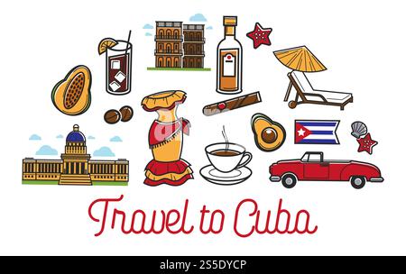 Cuba viaggia con simboli famosi o luoghi di interesse turistico. Bandiera Vector Cuba, sigari Havana o rum e architettura del Campidoglio, caffè o avocado e limousine retrò. Simboli vettoriali di viaggio a Cuba o punti di riferimento turistici Illustrazione Vettoriale