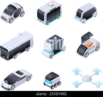 Auto senza conducente. Futuri veicoli intelligenti. Trasporto urbano senza equipaggio, camion autonomo e drone. Icone isolate vettoriali isometriche. Illustrazione di un'automobile intelligente, intelligente e di un veicolo da trasporto. Auto senza conducente. Futuri veicoli intelligenti. Trasporto urbano senza equipaggio, camion autonomo e drone. Icone isolate vettoriali isometriche Illustrazione Vettoriale