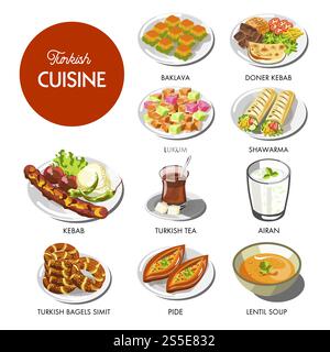 Piatti della cucina turca e piatti tradizionali di kebab e shawarma doner, pane pide o snack con bagel smith, zuppa di lenticchie, dessert con pasta di lukum e baklava. Icone vettoriali per il menu del ristorante Turchia. Cucina turca e piatti tradizionali Illustrazione Vettoriale
