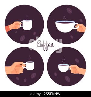 Mani che reggono tazze di icone vettoriali del caffè posizionate isolate su sfondo bianco. Mani che reggono tazze di icone vettoriali del caffè Illustrazione Vettoriale