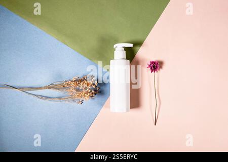 vista dall'alto della bottiglia di plastica bianca a pompa bianca e delle piante essiccate naturali su sfondo di carte a colori Foto Stock