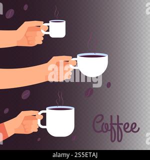 Modello per striscioni vettoriali di caffè o sfondo con le mani che reggono tazze di illustrazione della bevanda calda. Sfondo del banner vettoriale del caffè con le mani che reggono tazze di bevanda calda Illustrazione Vettoriale