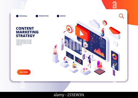 Pagina di destinazione del content marketing. Specialista nella creazione di contenuti e autori di articoli. Scrittura del concetto isometrico del servizio. Illustrazione dell'articolo che scrive il copywriting per il sito Web. Pagina di destinazione del content marketing. Specialista nella creazione di contenuti e autori di articoli. Scrittura del concetto isometrico del servizio Illustrazione Vettoriale