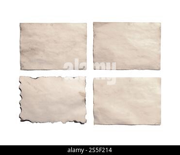 Set di vecchi pezzi bianchi di antico manoscritto di carta sbriciolata d'epoca o pergamena orientati orizzontalmente isolati su bianco. Set di vecchi pezzi vuoti Foto Stock