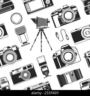 Fotografia fotografica, apparecchiatura portatile vecchio stile per fotografi vettore di pattern senza cuciture. Icone monocromatiche dell'obiettivo ottico e degli obiettivi per scattare foto di qualità. Fotografia arte e. Fotografia fotografica, apparecchiatura portatile vecchio stile per fotografi vettore di pattern senza cuciture. Illustrazione Vettoriale