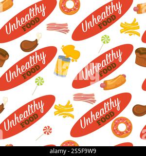 Cibo malsano bacon in bottiglia bottiglia senza cuciture motivo vettoriale caramelle lecca su bastone dipinto in diversi colori patatine fritte panino di patate fritte e dessert prodotti a base di carne e piatto al forno.. Cibo malsano pancetta e coca in bottiglia Illustrazione Vettoriale