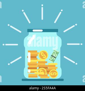 Illustrazione del vaso in vetro portamonete piatto. Concetto di risparmio economico. Risparmia denaro e conserva il denaro in una bottiglia di vetro. Illustrazione del vaso in vetro portamonete piatto. Concetto di risparmio economico Illustrazione Vettoriale