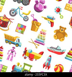 Icone vettoriali dei giocattoli per bambini motivo senza cuciture. Giochi per bambini per bambine e ragazzi dell'asilo. Orsacchiotto piatto, piramide e bicicletta, razzo, palla e treno. Icone vettoriali dei giocattoli per bambini motivo senza cuciture. Set di giochi per bambini Illustrazione Vettoriale