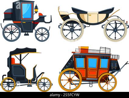 Carrello di trasporto posteriore. Immagini vettoriali dei carrelli. Collezione di carretto retrò, carro con illustrazione vittoriana. Carrello di trasporto posteriore. Immagini vettoriali dei carrelli Illustrazione Vettoriale