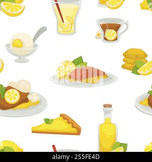Limone e limonata, olio in bottiglia di vetro motivo senza cuciture isolato su fondo bianco vettoriale. Cibo, frutta fresca, agrumi dal gusto aspro. Gelato al gusto, bere con fette e paglia. Limone e limonata, olio in bottiglia di vetro motivo senza cuciture isolato su fondo bianco vettoriale. Illustrazione Vettoriale