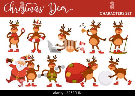 Icone dei personaggi dei cartoni animati di Natale e di Babbo Natale per il modello del biglietto di auguri di Capodanno. Renne isolate vettoriali in cappello con borsa regalo che canta, sorride sulla foto dello smartphone o sul computer. Icone dei personaggi dei cartoni animati di Natale e di Babbo Natale per il modello del biglietto di auguri di Capodanno. Illustrazione Vettoriale