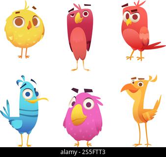 Angry Cartoon Birds. Aquile di pollo facce di animali delle canarie e piume personaggi vettoriali di uccelli colorati. Immagine di un animale di uccello colorato. Angry Cartoon Birds. Aquile di pollo facce di animali delle canarie e piume personaggi vettoriali di uccelli colorati Illustrazione Vettoriale