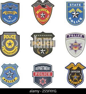 Distintivi della polizia. Segnali e simboli di sicurezza logotipi vettoriali dei funzionari del dipartimento governativo delle forze dell'ordine. Illustrazione di un agente di sicurezza, sceriffo e poliziotto, detective federali. Distintivi della polizia. Segnali e simboli di sicurezza logotipi vettoriali dei funzionari del dipartimento governativo delle forze dell'ordine Illustrazione Vettoriale