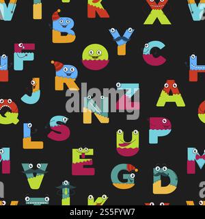 Divertente alfabeto di personaggi dei cartoni animati per bambini che disegnano motivi senza cuciture. Caratteri vettoriali di mostri comici volti con occhi, sorriso della bocca e baffi in maiuscolo. Divertente alfabeto di personaggi dei cartoni animati per bambini che disegnano motivi senza cuciture. Illustrazione Vettoriale