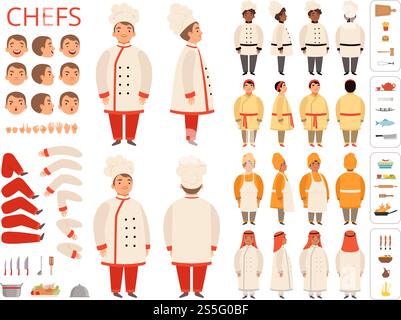 Cucina nazionale. Nero asiatico arabo indiano capo parti di corpo varie pose e oggetti da cucina costruttore vettore. Capo cuoco tradizionale, illustrazione di cucina nazionale. Cucina nazionale. Nero asiatico arabo indiano capo parti di corpo varie pose e oggetti da cucina costruttore vettore Illustrazione Vettoriale