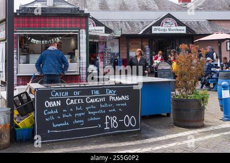 Oban, Argyll & Bute, porto e terminal dei traghetti per le isole sulla costa occidentale scozzese. Vendita di pesce al molo dei traghetti. Creel ha preso i gamberi. Foto Stock